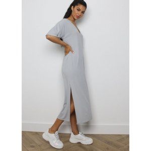 Missguided Oversized V-Neck Ribbed T-Shirt Midi Dress w/ Sides Slit Size 0